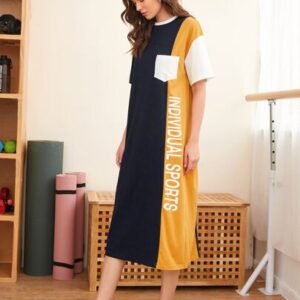 SHEIN Letter Graphic Pocket Patched Colorblock Tee Dress