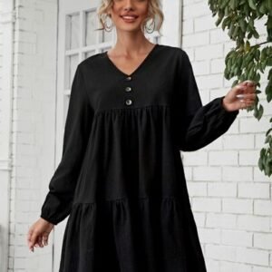 SHEIN LUNE Bishop Sleeve Ruffle Hem Smock Dress