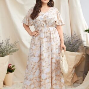 SHEIN Plus V Neck Allover Floral A-line Dress