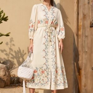 SHEIN Notch Neck Lantern Sleeve Floral Print Belted Dress