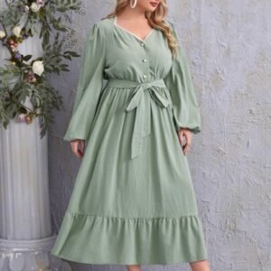 SHEIN Plus Lantern Sleeve Ruffle Hem Belted Dress