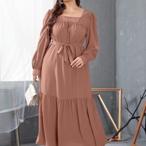 SHEIN Plus Square Neck Belted Ruffle Hem Dress