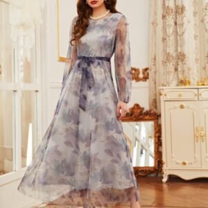 SHEIN Flower Print Mesh Belted Dress