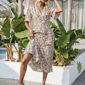 SHEIN Floral Printed Midi V Neck Short Sleeves Dress