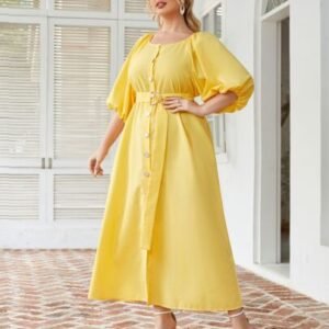 SHEIN Half Sleeve Button Front Belted Dress