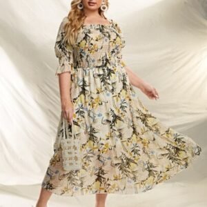 SHEIN Plus Floral Print Square Neck Shirred Chiffon Dress