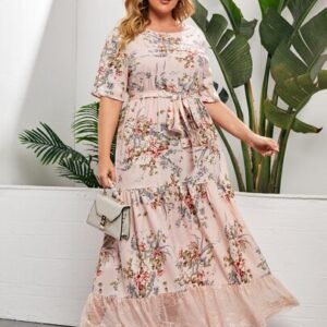 SHEIN Plus Lace Ruffle Hem Floral Belted Dress