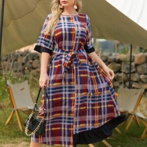 SHEIN Casual Elegant Vintage Plaid Pattern Loose Plus Size Dress