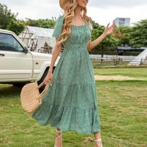 SHEIN Ditsy Floral Shirred Flutter Sleeve Ruffle Hem Dress