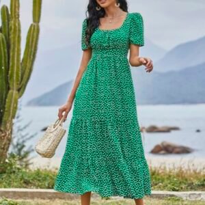 SHEIN Square Neckline Ruched Puff Sleeve Casual Dress With Ditsy Floral Print