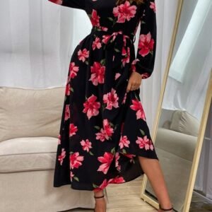 SHEIN Ruffle Neck Floral Print Belted A-line Dress