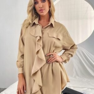 SHEIN Oversized Tunic With Frill Details Pocket Front Shirt