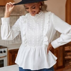 SHEIN Eyelet Embroidery Ruffle Trim Peplum Blouse