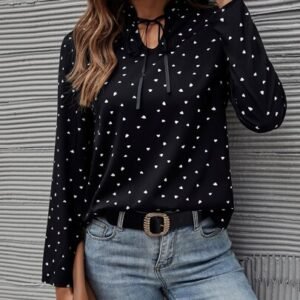 SHEIN Confetti Heart Print Tie Neck Blouse