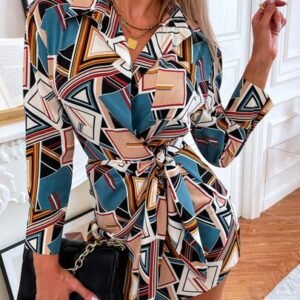 SHEIN Geo Print Belted Shirt Dress