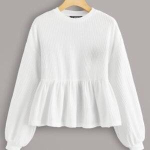 SHEIN Frill Neck Long Sleeve Textured Peplum Top