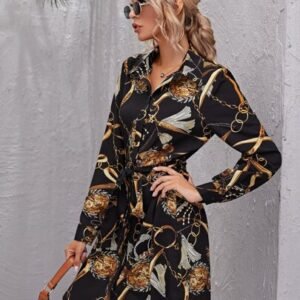 SHEIN Chain Print Curved Hem Self Belted Shirt Dress