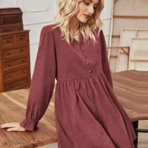 SHEIN Corduroy Flounce Sleeve Babydoll Dress