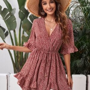 SHEIN Bell Sleeve Ruffle Hem Allover Plants Dress
