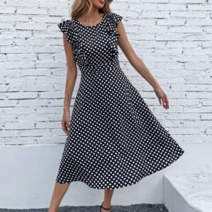 SHEIN Ruffle Trim Polka Dot Sleeveless Dress