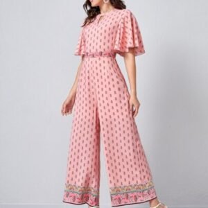 SHEIN Keyhole Neck Bell Sleeve Allover Print Jumpsuit