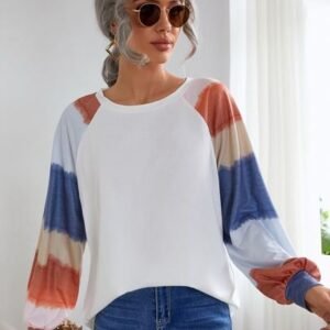 SHEIN Color Block Blouse Long Sleeve Round Neck Top
