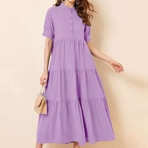 SHEIN Solid Puff Sleeve Ruffle Hem Smock Dress