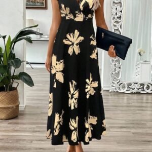 Women's Summer V-Neck Long Leaf Floral Print A-Line Waist Fit Dress