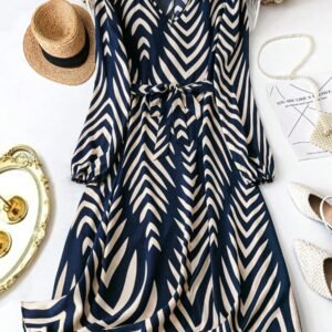 Women Geometric Print Regular Fit Casual Business Shirt Dress, Suitable For Autumn/Winter Maxi Vacation Beach Outfit Fall Cloth For Women