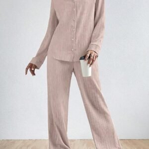 SHEIN EZwear Solid Color Textured Button-Up Embroidered Shirt And Straight-Leg Pants