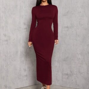 SHEIN PETITE Solid Color Pleated Waist Bodycon Long Sleeve Dress
