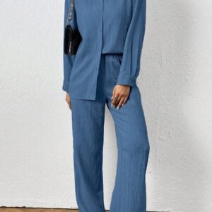 SHEIN PETITE 2pcs Women's Solid Color Long Sleeve Shirt & Pants Set