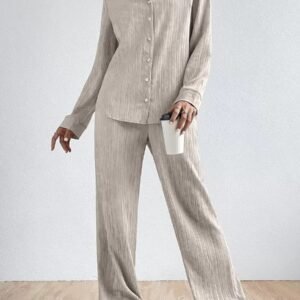 SHEIN EZwear Lapel Neck Crop Shirt & Wide Leg Pants Without Cami Top