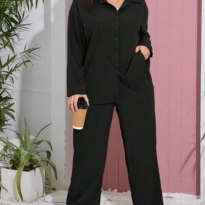 SHEIN Essnce Plus Drop Shoulder Shirt & Wide Leg Pants