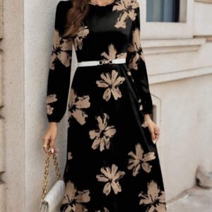 SHEIN Clasi Retro Apricot Color Floral Print Round Neck Long Sleeve Mid-Length Women Dress Spring Clothes Dresses For Women Elegant Teacher Clothes Autumn And Winter Boho Chic Dress